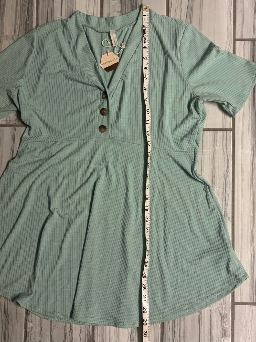 Pinkblush Mint Ribbed Short-Sleeve V-Neck Top with Button Detail - Picture 4 of 6